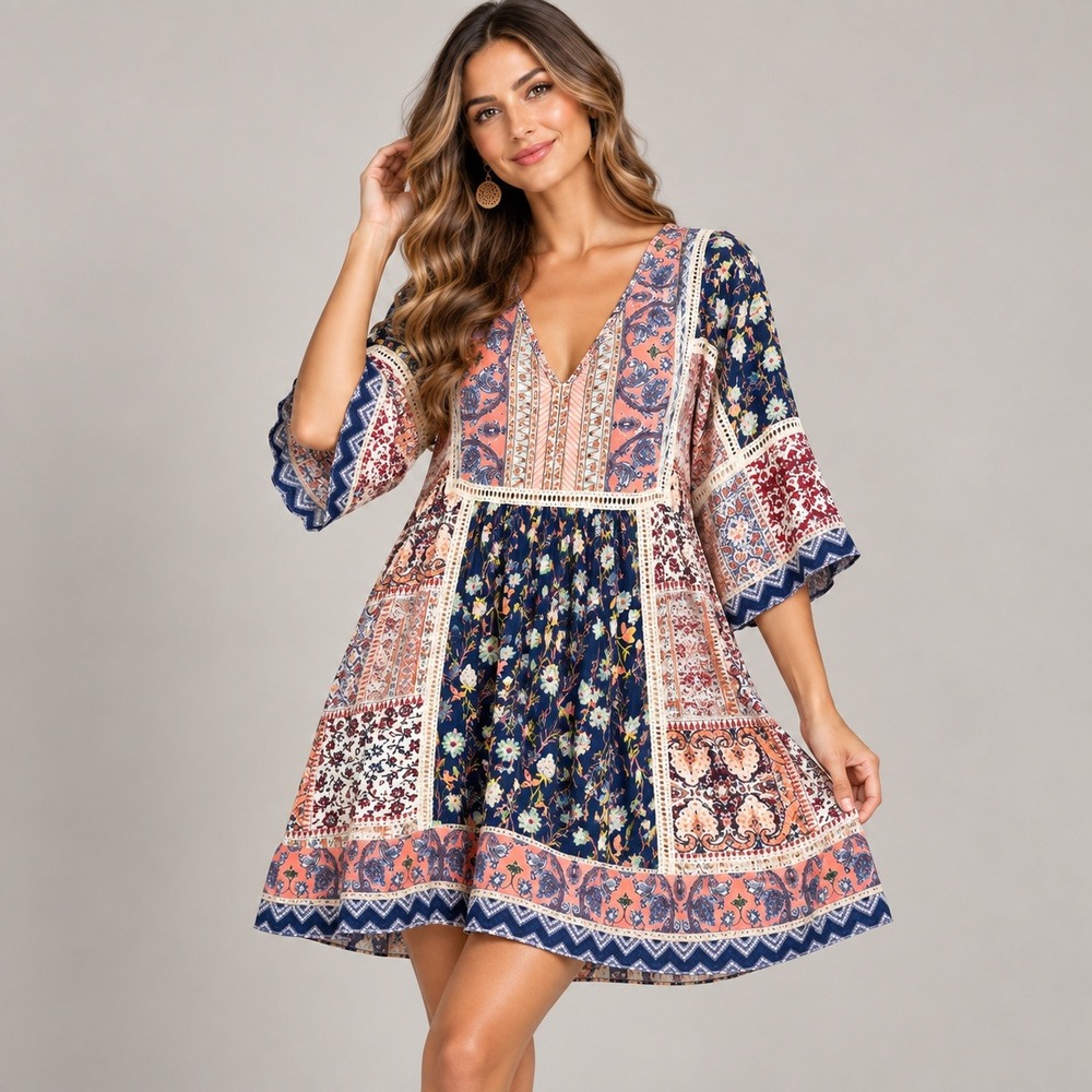 Patchwork Tunic Dress Womens XL Multicolor Boho Floral Paisley Lace Coverup